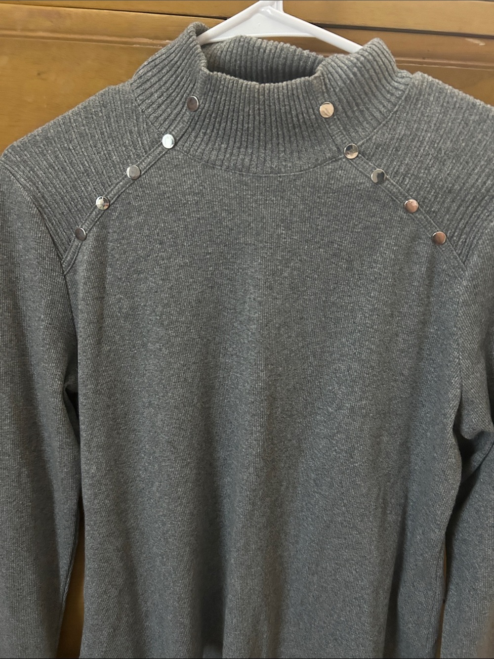 Rafaella Gray Ribbed Turtleneck Sweater with Shoulder Studs
